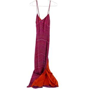 Scala Beaded Long Maxi Dress V Neck Side Slit Padded 100% Silk Pink Orange L NWT